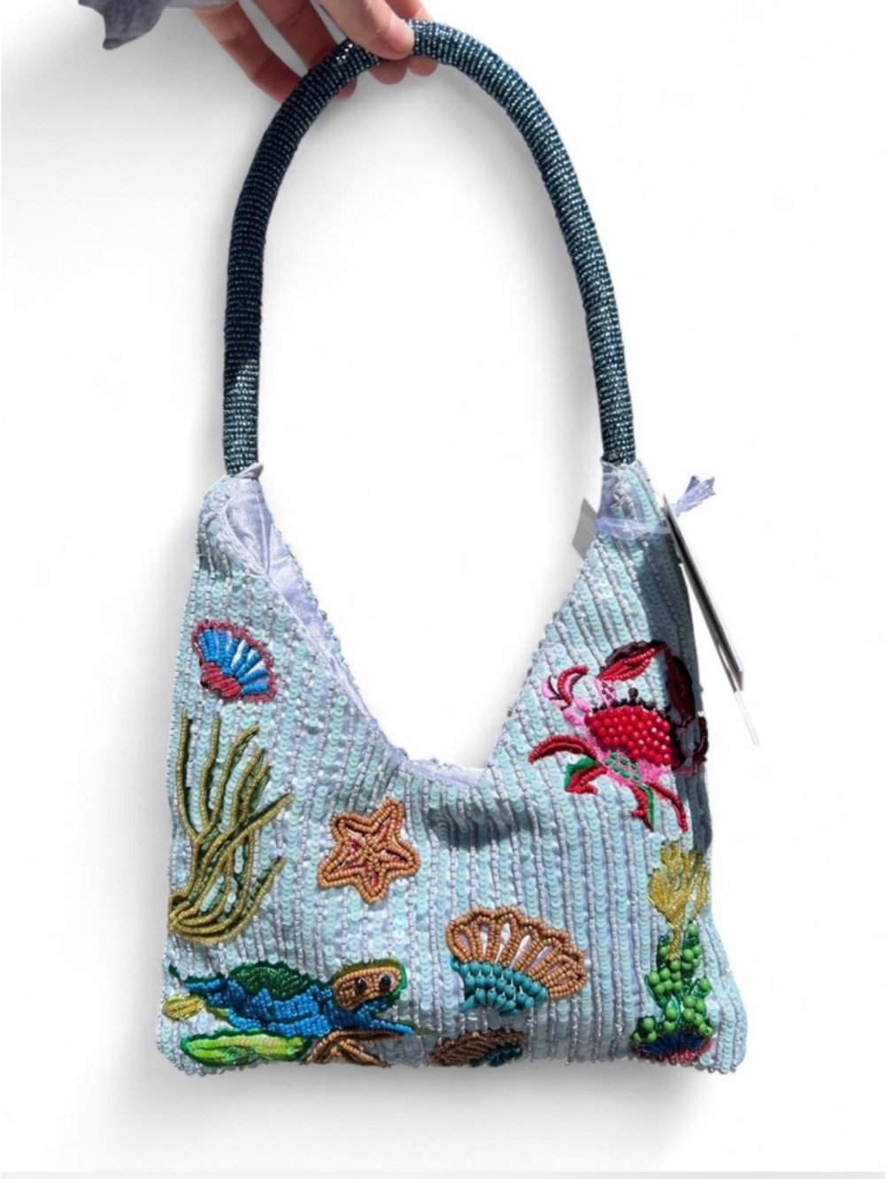 under the sea creatures crab shell turtle beaded shoulder bag made in india